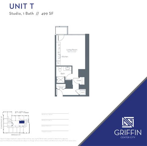 Floor plan for studio, 1 bath, 496 sqft